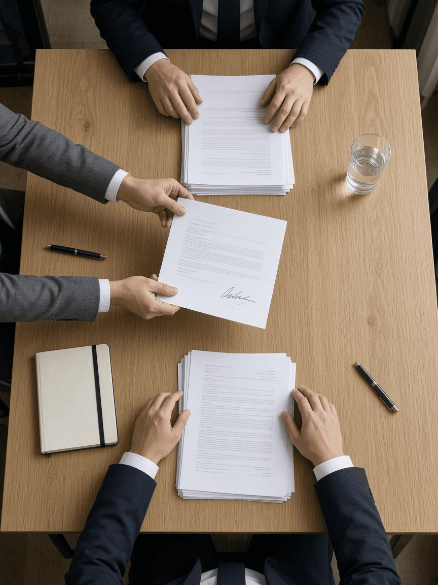A neutral third party passing a signed document between two parties' representatives