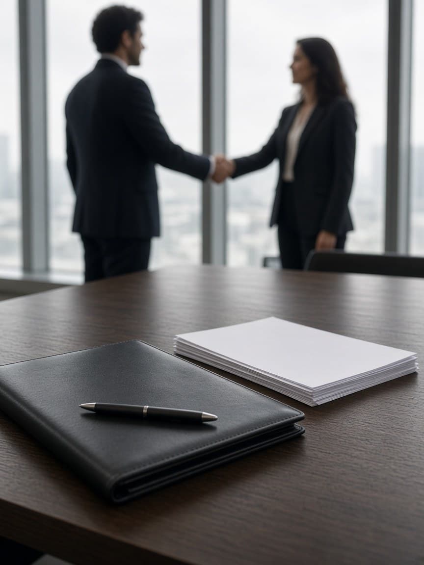 A leather portfolio and papers on a boardroom table while two professionals shake hands